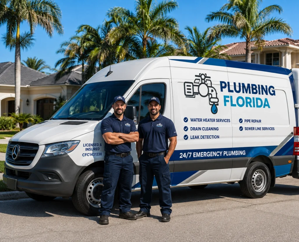 Plumbing Florida emergency plumbing service van parked outside a modern Florida home with professional plumbers ready to help.
