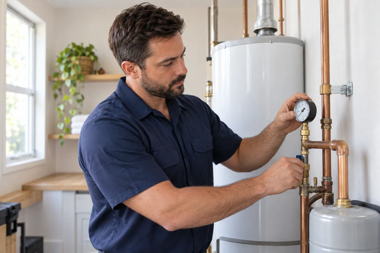 Plumbing technician checking a pressure gauge beside a residential water heater