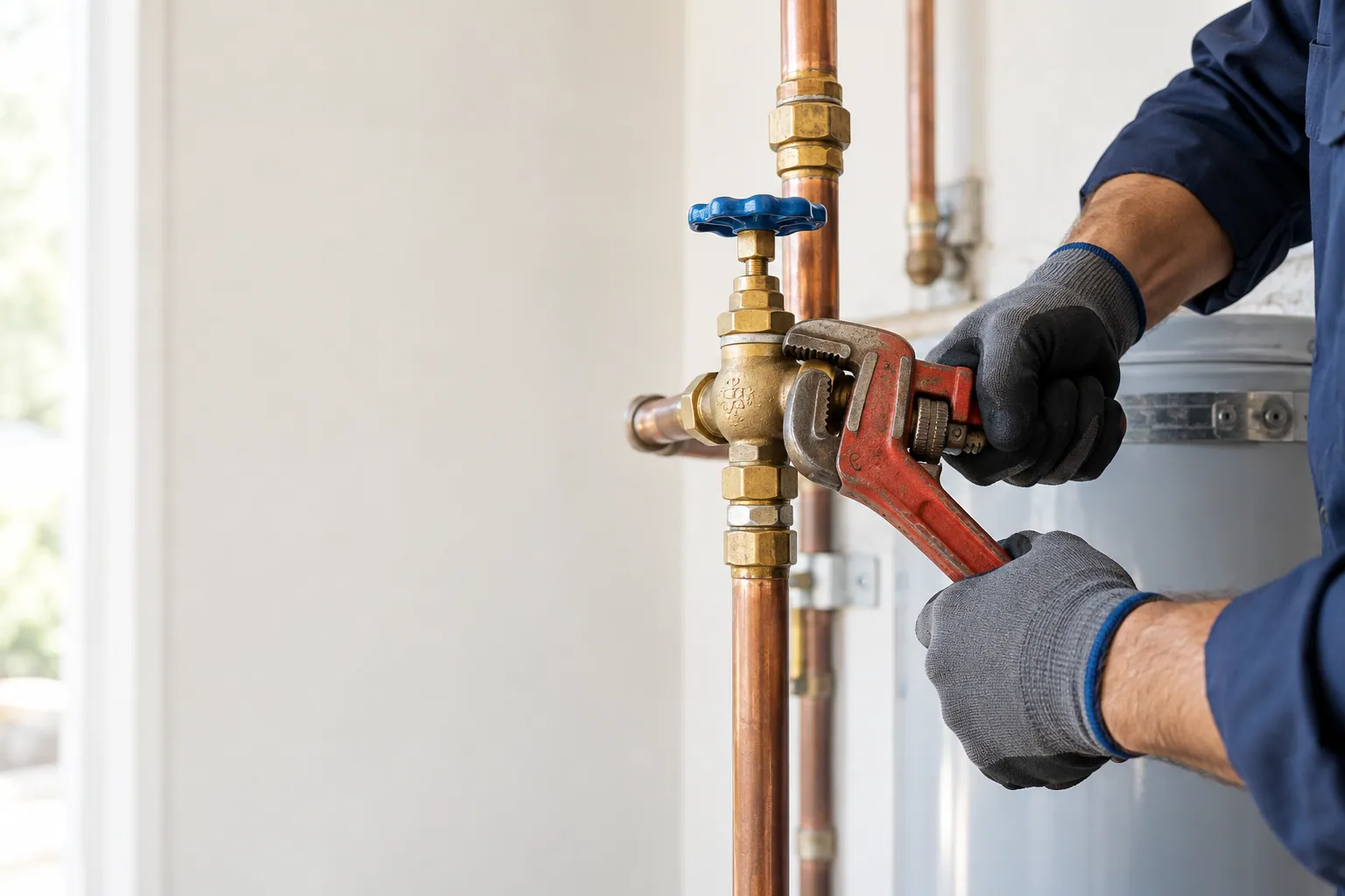 Illustration of gloved hands working on a brass valve and copper pipe