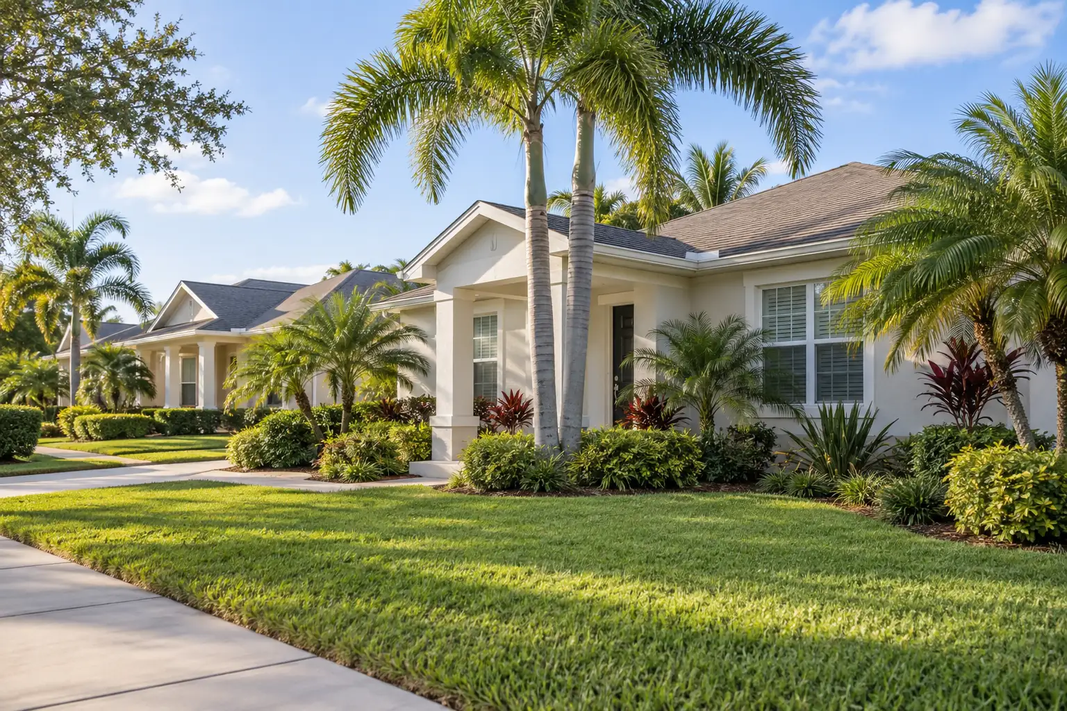 Florida-style stucco homes with palm trees and landscaped front lawns