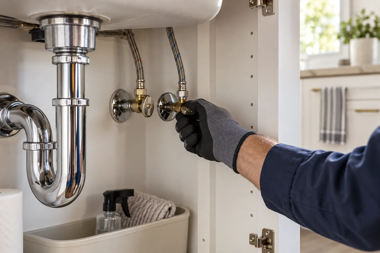 Gloved hand inspecting an under-sink water valve
