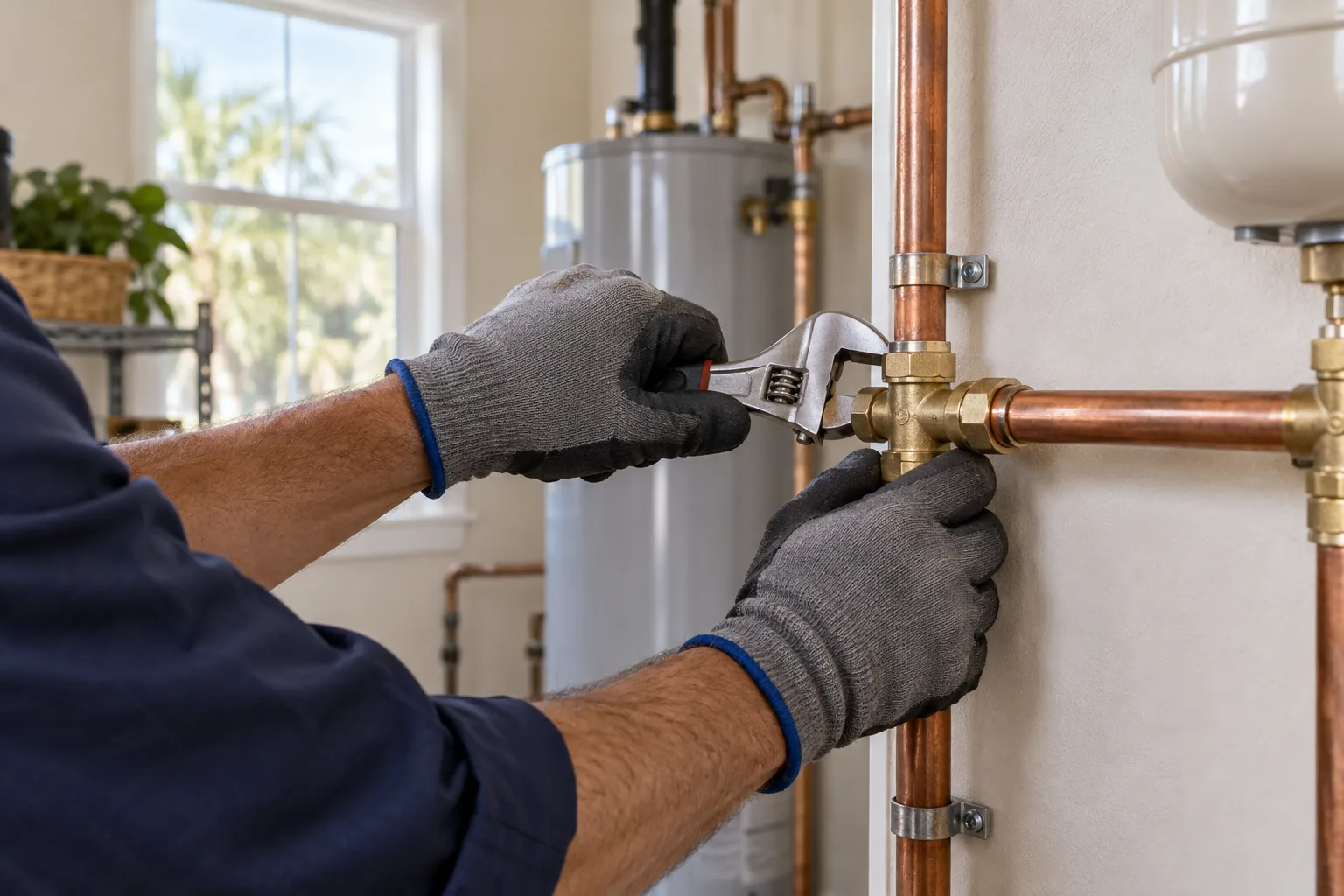 Gloved hands using an adjustable wrench on a brass fitting and copper water pipe