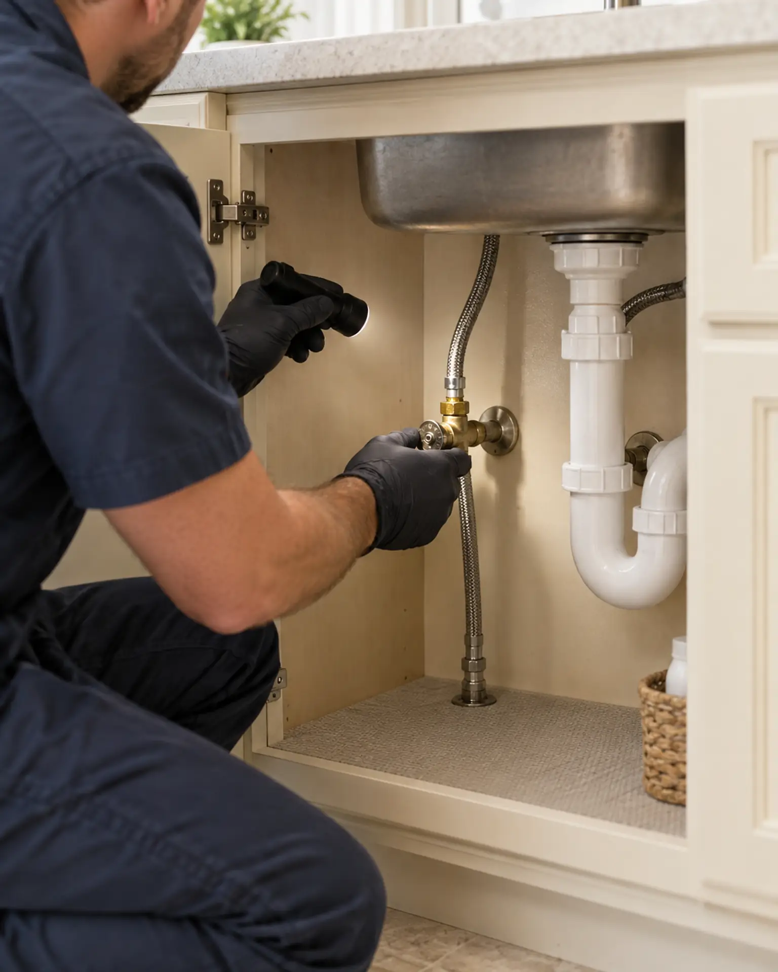 Technician inspecting a kitchen sink shutoff valve and supply hose with a flashlight